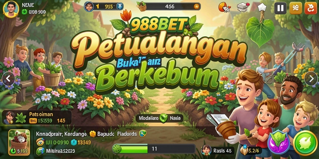 Tangkapan layar gameplay 988BET menampilkan kebun yang subur dengan berbagai tanaman.