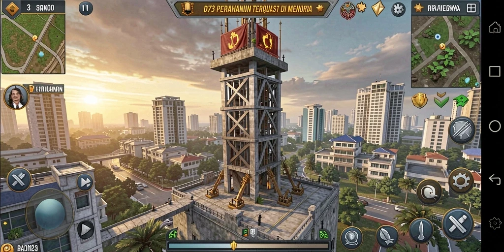 Gameplay D73 yang menarik dengan menara pertahanan yang strategis.