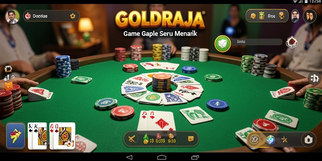 Screenshot utama GOLDRAJA menampilkan gameplay Gaple yang seru dan kompetitif.