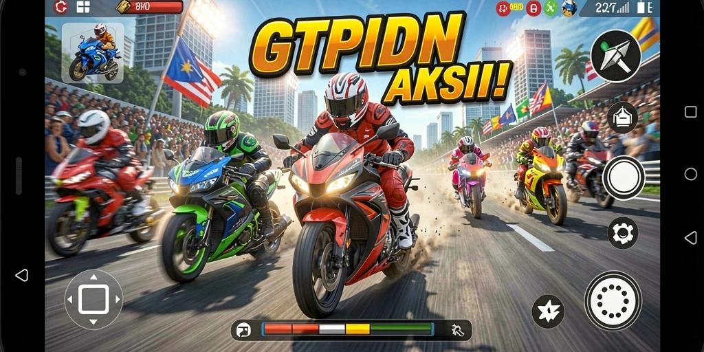 Gameplay seru GTPIDN menampilkan balapan motor yang mendebarkan.