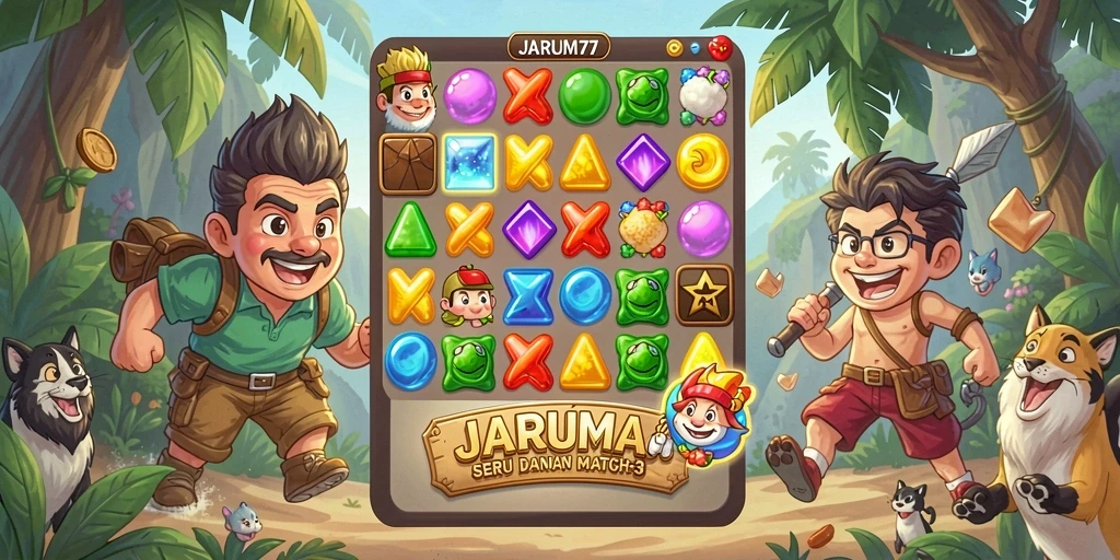 Screenshot menunjukkan gameplay seru JARUM77 dengan elemen Match-3 yang penuh warna.