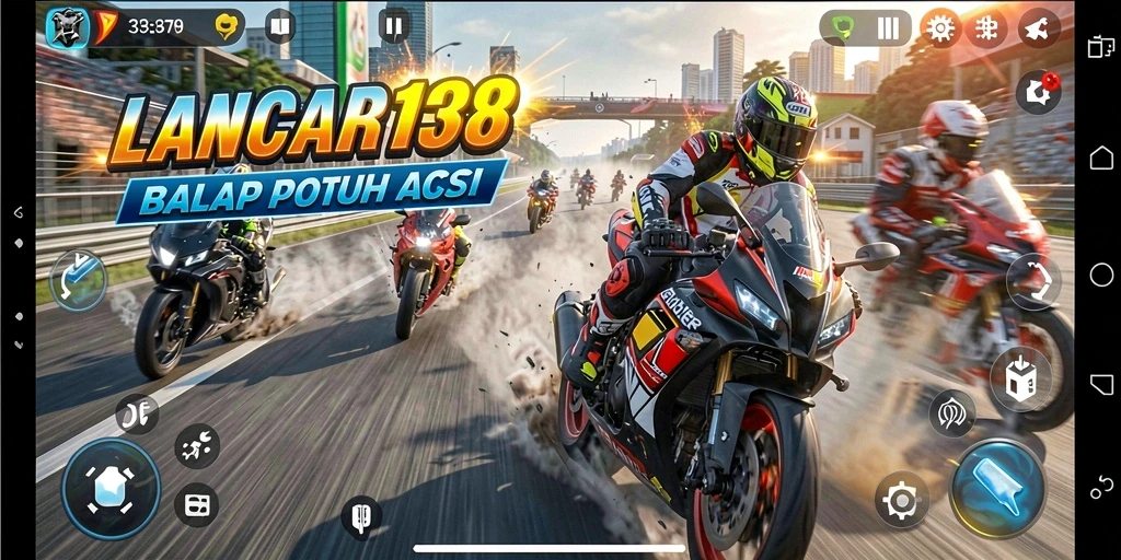 Screenshot gameplay LANCAR138 menunjukkan balapan motor yang intens.