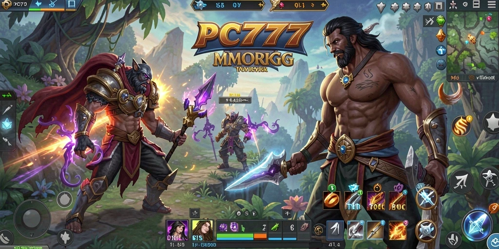 Screenshot gameplay PC777 menampilkan pertempuran epik dalam dunia MMORPG.