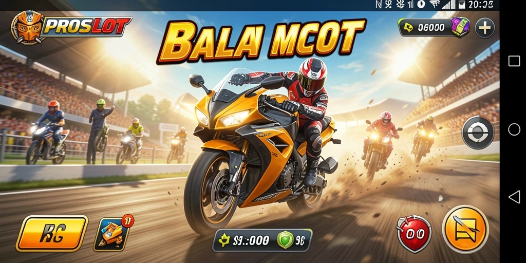 Tampilan gameplay PROSLOT yang menegangkan dan penuh aksi balapan motor.