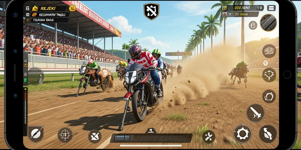Tampilan menarik dari gameplay balap motor REJEKI.