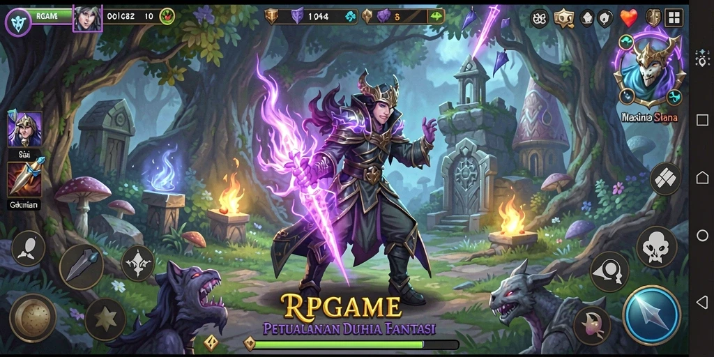 Tangkapan layar RPGAME menampilkan aksi pertempuran epik di dunia fantasi.
