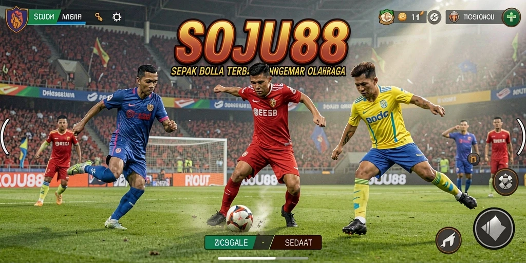Tampilan menarik dari gameplay <strong>SOJU88</strong> yang menggambarkan aksi sepak bola yang penuh semangat.