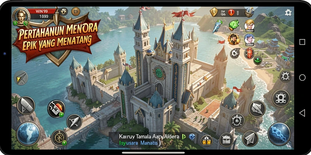 Screenshot menampilkan aksi menara dalam gameplay Tower Defense yang intens.
