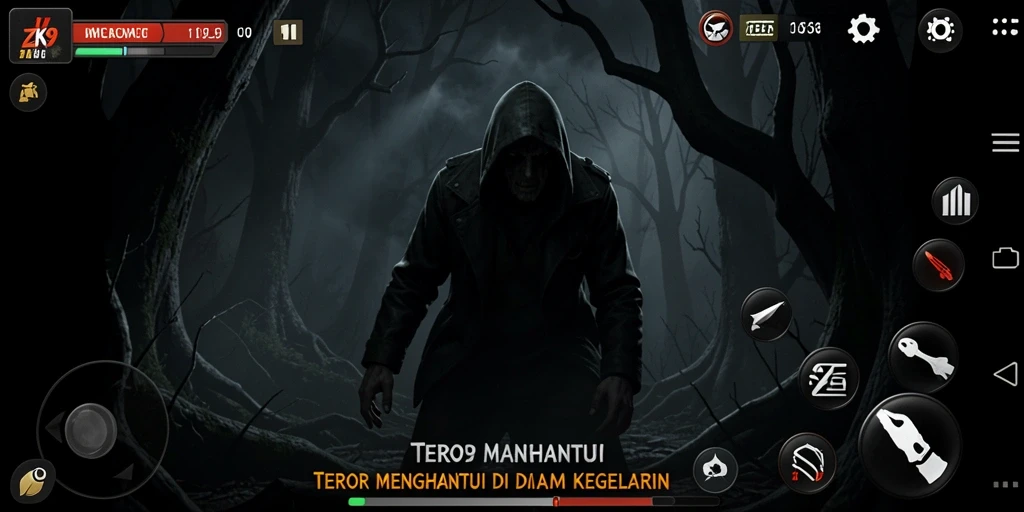 Screenshot gameplay ZK9 yang menunjukkan ketegangan dan kegelapan.